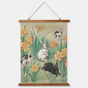 Schattigee Bunnies met Daffodil Flowers Antiek Pas Hangend Wandkleed