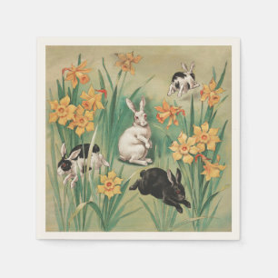 Schattigee Bunnies met Daffodil Flowers Antiek Pas Servet