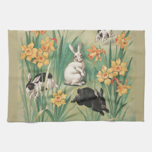 Schattigee Bunnies met Daffodil Flowers Antiek Pas Theedoek