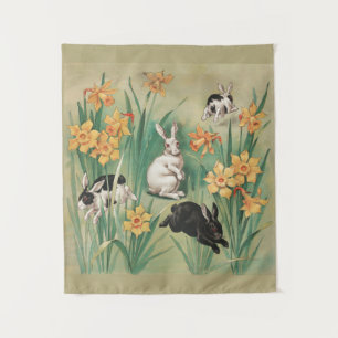 Schattigee Bunnies met Daffodil Flowers Antiek Pas Wandkleed
