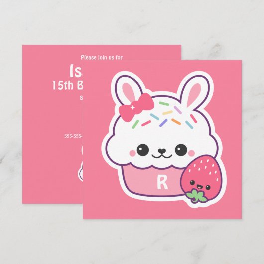Schattigee Bunny Cupcake verjaardagsfeestje uitnod Kaart (Voorkant / Achterkant)