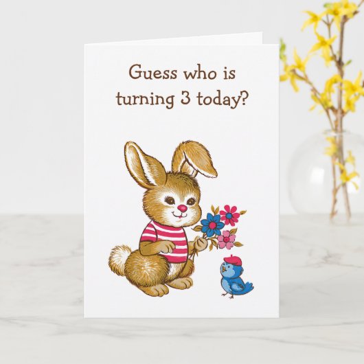 Schattigee Bunny en Bluebird Kinder Derde Verjaard Kaart (Gele Bloem)