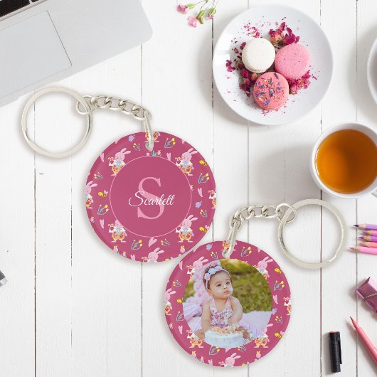 Schattigee Bunny Floral Pattern Monogram Foto Mage Sleutelhanger