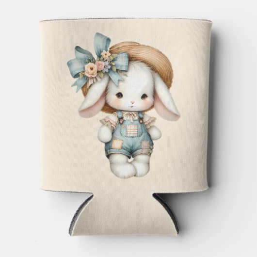 Schattigee Bunny in Overalls met Straw Pet & Bow M Blikjeskoeler (Voorkant)