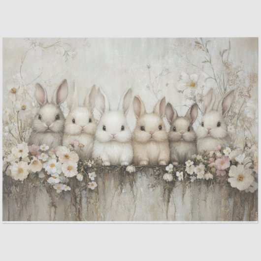 Schattigee Bunny Rabbits Wildflowers Decoupage Tissuepapier (Voorkant)