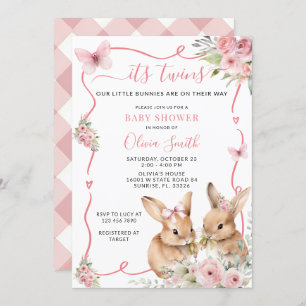 Schattigee Bunny Twins Baby shower Girl Uitnodigin Kaart