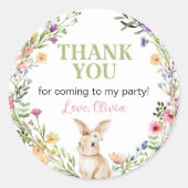 Schattigee Bunny Wildflower Meisje Verjaardag Ronde Sticker (Voorkant)