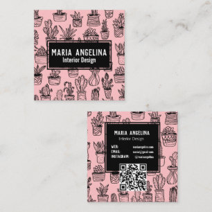 Schattigee Cactus & vetplanten Boho Doodle QR Code Vierkante Visitekaartje
