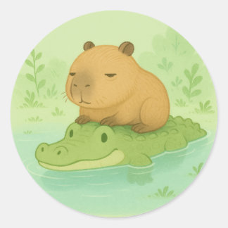 Schattigee cadeau cartoon Capybara op Groene Kroko Ronde Sticker