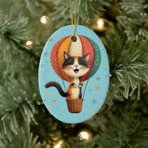 Schattigee Calico Cat in Hete Luchtballon Whimsica Keramisch Ornament