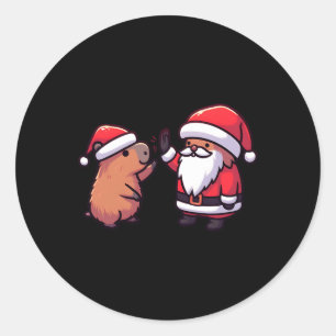 Schattigee capibara en sinterklaas high five kerst ronde sticker