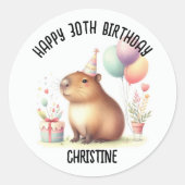 Schattigee capibara verjaardagsfeest gunsten ronde sticker (Voorkant)