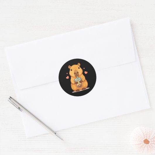 Schattigee Capybara Boba Tea Bubble Knaagdier Vrou Ronde Sticker (Envelop)