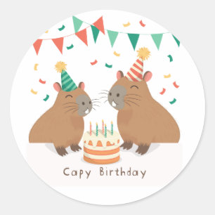 Schattigee capybara familie vieren verjaardag ronde sticker