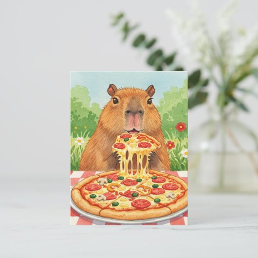 Schattigee Capybara met Pizza Briefkaart (Staand voorkant)