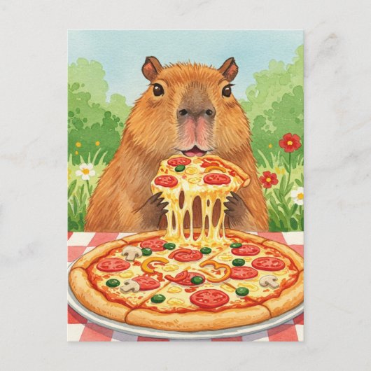 Schattigee Capybara met Pizza Briefkaart (Voorkant)