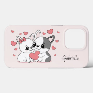 Schattigee Cartoon Bulldog liefhebbers Hart Valent iPhone 13 Pro Hoesje