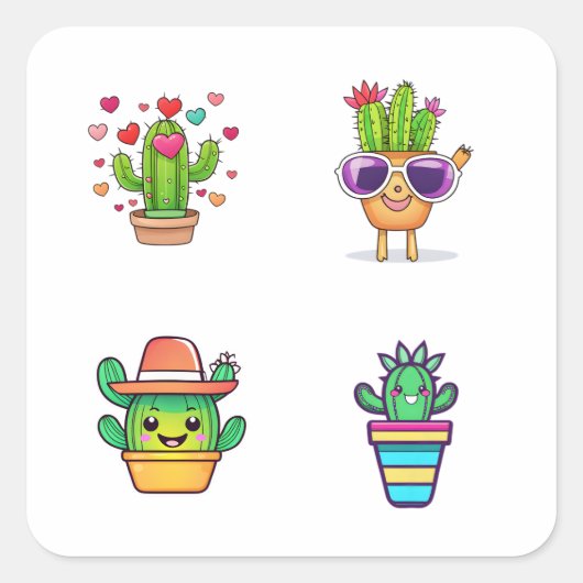 Schattigee Cartoon Cactus Funny 4 Pack Vierkante Sticker (Voorkant)