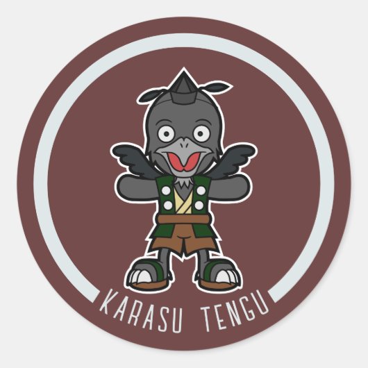 Schattigee Cartoon Crow Tengu | Japanese Yokai Ronde Sticker (Voorkant)
