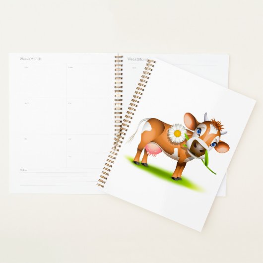 Schattigee Cartoon Dairy Koe met Bloem en Gras Planner