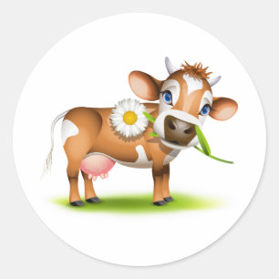 Schattigee Cartoon Dairy Koe met Bloem en Gras Ronde Sticker