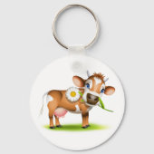 Schattigee Cartoon Dairy Koe met Bloem en Gras Sleutelhanger (Voorkant)