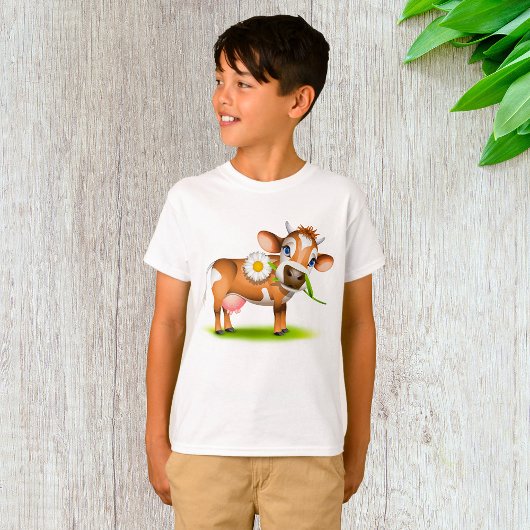 Schattigee Cartoon Dairy Koe met Bloem en Gras T-shirt
