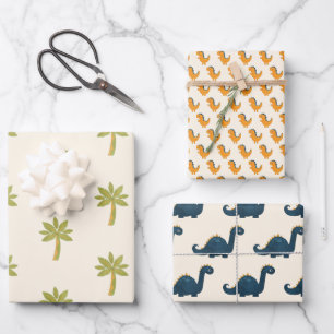 Schattigee Cartoon dinosaurus en palmboom Inpakpapier Vel