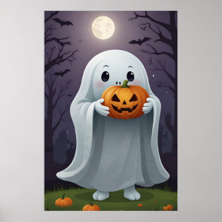 Schattigee Cartoon Ghost met een Trick-or-Treat Ba Poster
