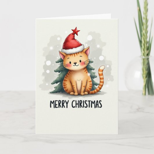 Schattigee Cartoon Ginger Cat in Santa Hat Kerstau Kaart (Voorkant)