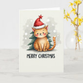 Schattigee Cartoon Ginger Cat in Santa Hat Kerstau Kaart (Gele Bloem)