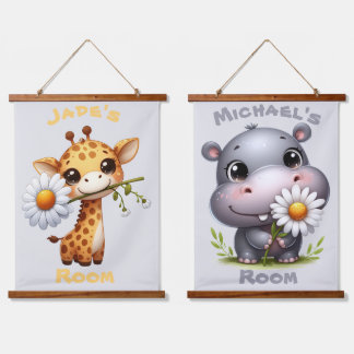 Schattigee Cartoon Giraffe en Hippo Kinderkamer Hangend Wandkleed