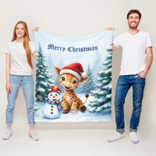 Schattigee Cartoon Giraffe met Santa Hat & Snowman Fleece Deken