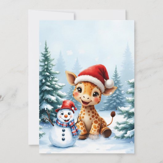 Schattigee Cartoon Giraffe met Santa Hat & Snowman Kaart (Achterkant)