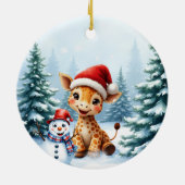 Schattigee Cartoon Giraffe met Santa Hat & Snowman Keramisch Ornament (Achterkant)