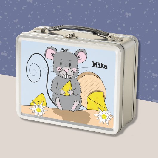 Schattigee Cartoon Grey Mouse Eating Cheese Kind L