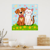 Schattigee Cartoon Hond en Kat Samen Zitten Poster (Keuken)