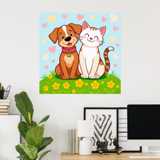 Schattigee Cartoon Hond en Kat Samen Zitten Poster (Thuiskantoor)