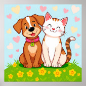 Schattigee Cartoon Hond en Kat Samen Zitten Poster (Voorkant)