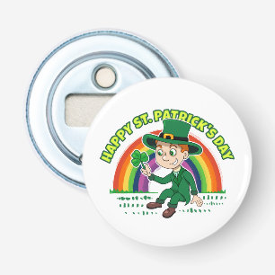 Schattigee cartoon kabouter met klaverblad en rege button flesopener