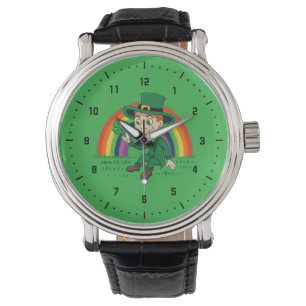 Schattigee cartoon kabouter met klaverblad en rege horloge