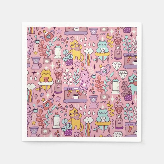 Schattigee Cartoon kat Collectie op roze Servet (Voorkant)
