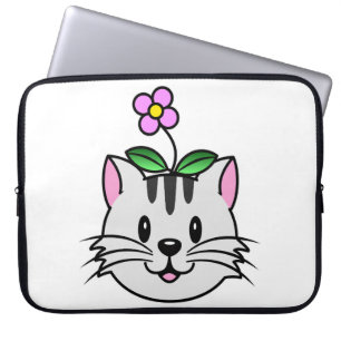 Schattigee Cartoon Kat met een Bloem op Zijn Hoofd Laptop Sleeve