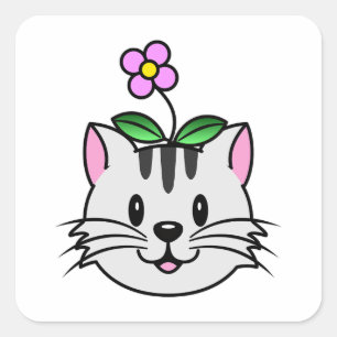 Schattigee Cartoon Kat met een Bloem op Zijn Hoofd Vierkante Sticker