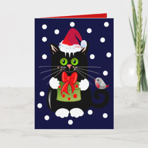 Schattigee cartoon kerstkaart met Cat en Robin Feestdagen Kaart