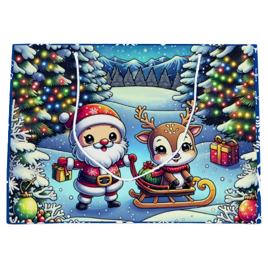 Schattigee Cartoon Kerstman en rendier kerst Groot Cadeauzakje (Voorkant)