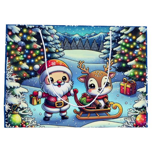 Schattigee Cartoon Kerstman en rendier kerst Groot Cadeauzakje (Achterkant)