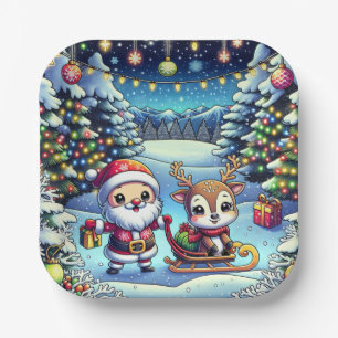 Schattigee Cartoon Kerstman en rendier kerst Papieren Bordje