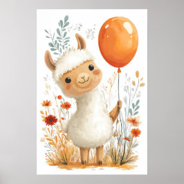 Schattigee Cartoon Llama Holding Oranje ballon Pos Poster