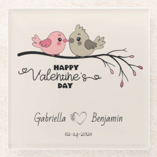 Schattigee Cartoon Lovebirds op tak Valentijn's Da Glazen Onderzetter